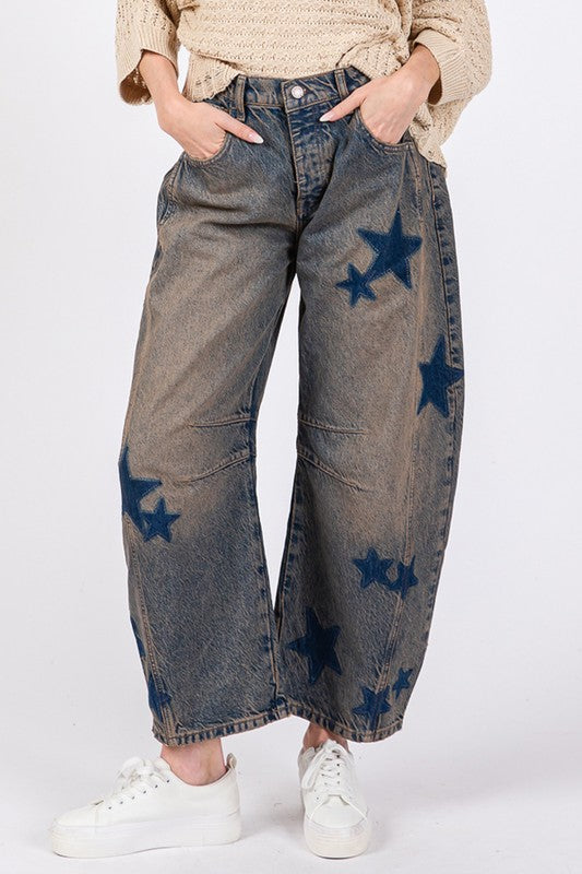 SAGE + FIG Nova Star Pattern Wide Leg Jeans with Pockets