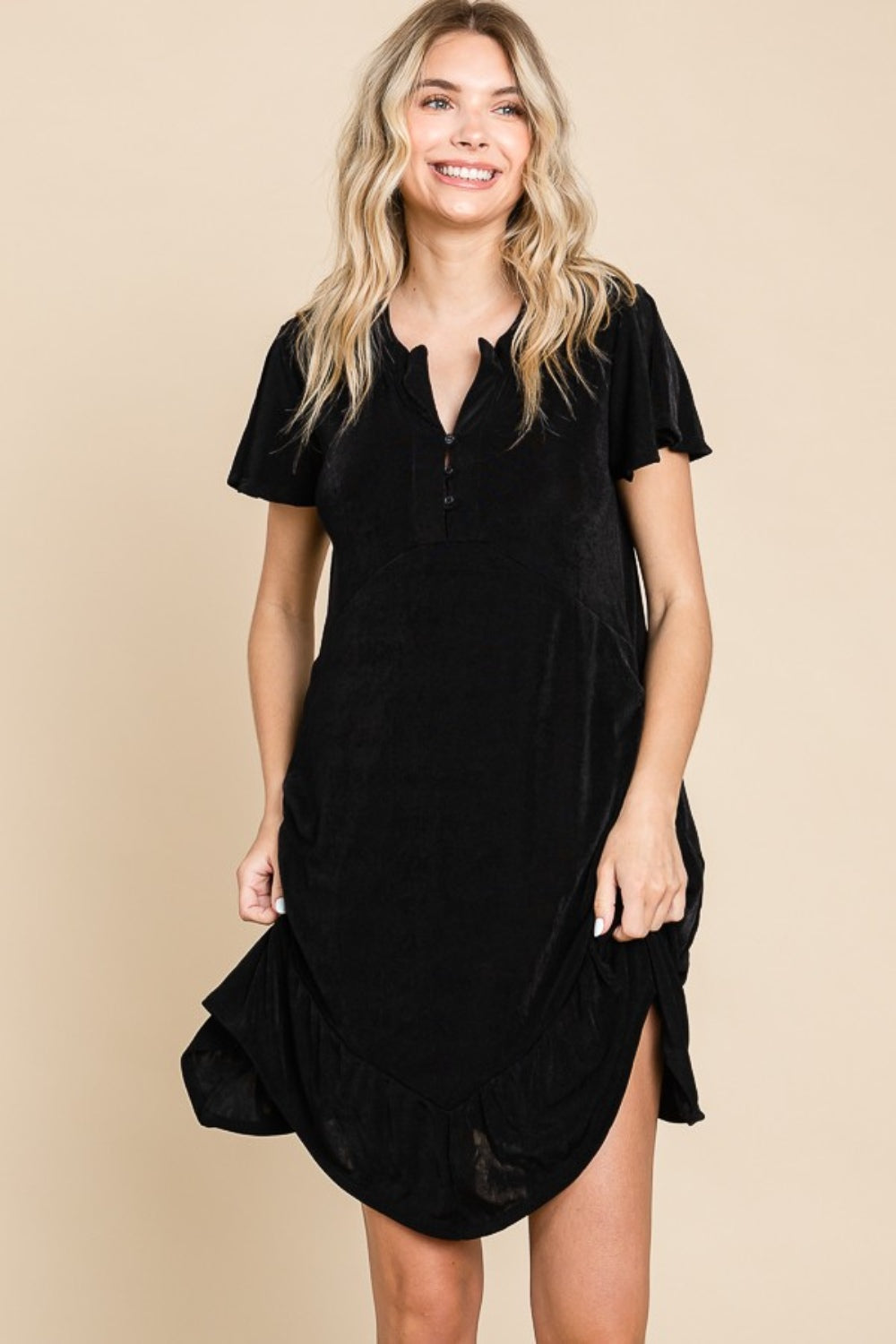 Culture Code Saving You Time Short Sleeve Ruffled Asymmetric Hem Dress in Black