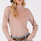 SAGE + FIG Add More Sparkle Glitter Mock Neck Lettuce Hem Long Sleeve Top in Apricot