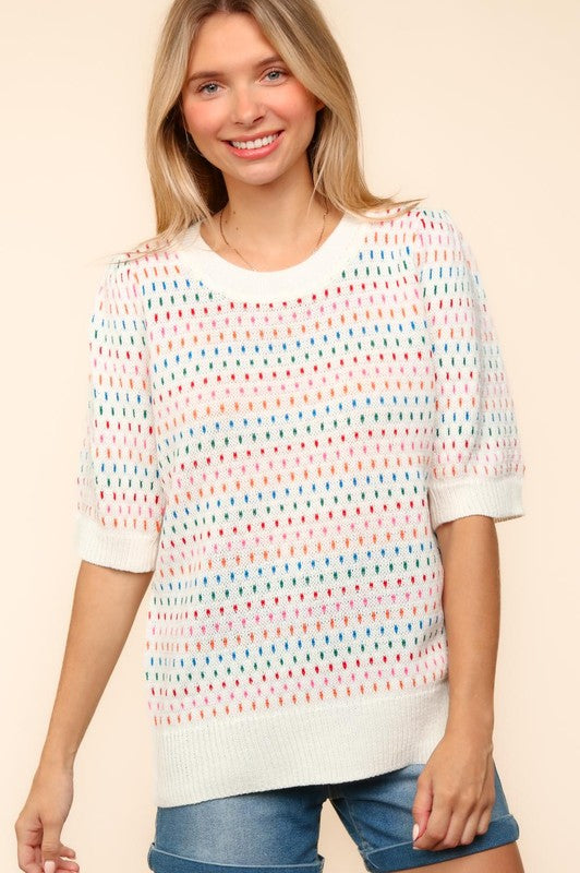 Haptics Vibrant Beauty Half Sleeve Multi Color Knit Top