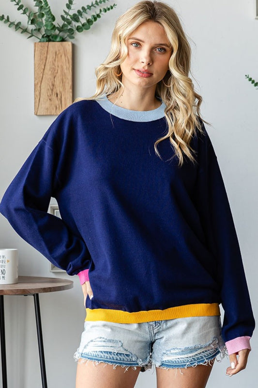 First Love Playing With Colors Contrast Ribbed Long Sleeve Sweater