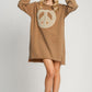 Umgee Peaceful Heart Lace Applique Frayed Hem French Terry Mini Dress in Caramel