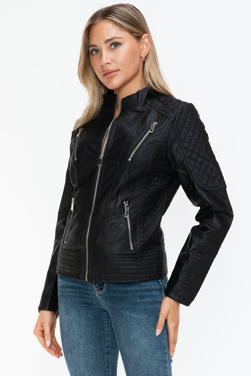 Snobbish Ready To Own The Night Faux Leather Zip Up Mock Neck Jacket in Black