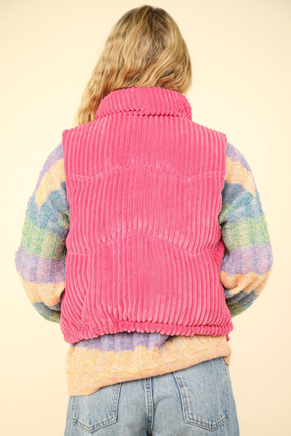 VERY J Fall Adventures Zip Up Padded Corduroy Puffer Vest in Pink