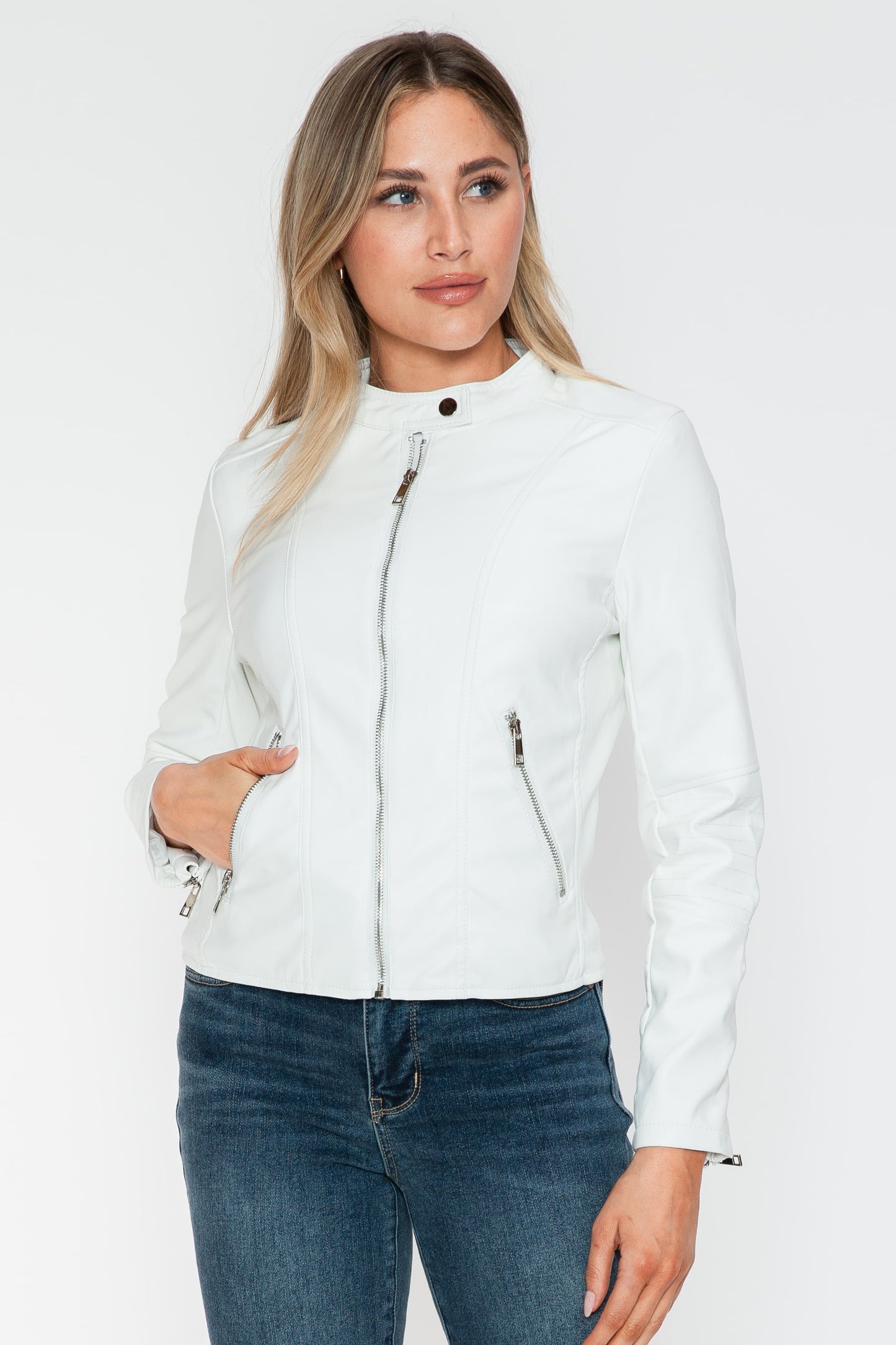 Snobbish Biker Babe PU Leather Zip Up Jacket with Pockets in White