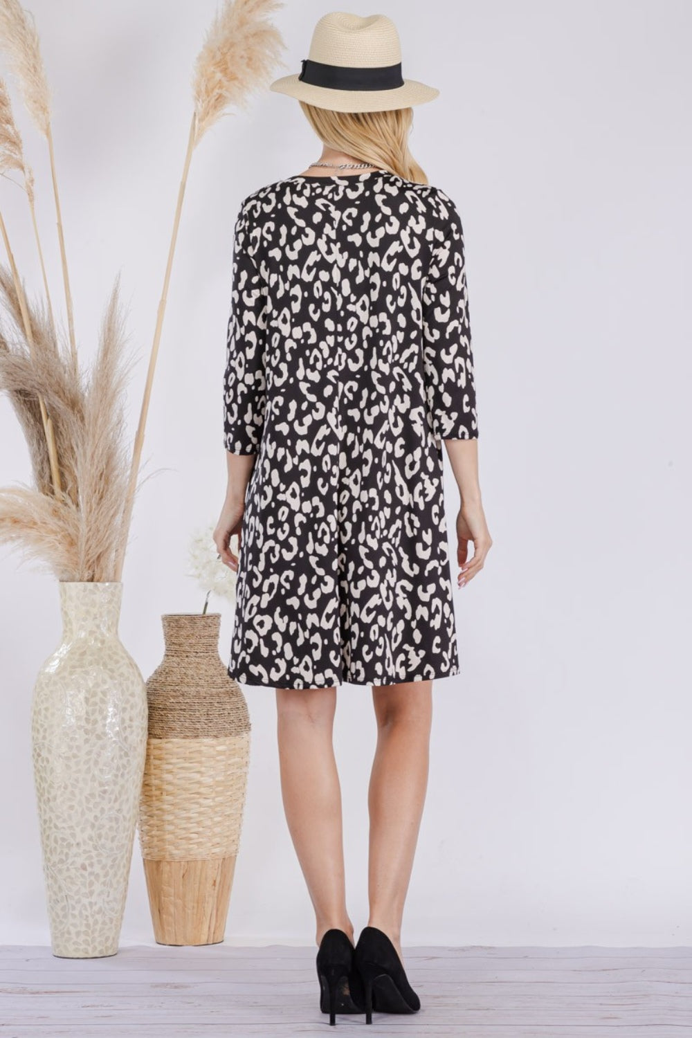 Celeste Wild One Leopard Three-Quarter Sleeve Dress with Pockets