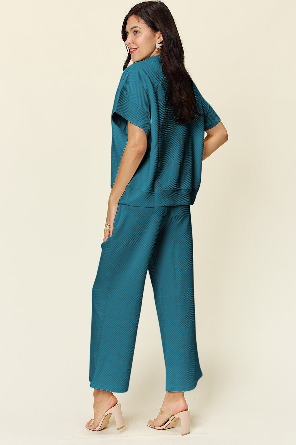 Double Take All About That Glow Texture Half Zip Short Sleeve Top and Pants Set