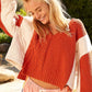 POL Quilted Joy Cable Knit Quilting Patch V-Neck Contrast Sweater in Orange