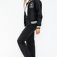 Love Me Now Bring The Love PU Leather Contrast Snap Down Bomber Jacket in Midnight/Black