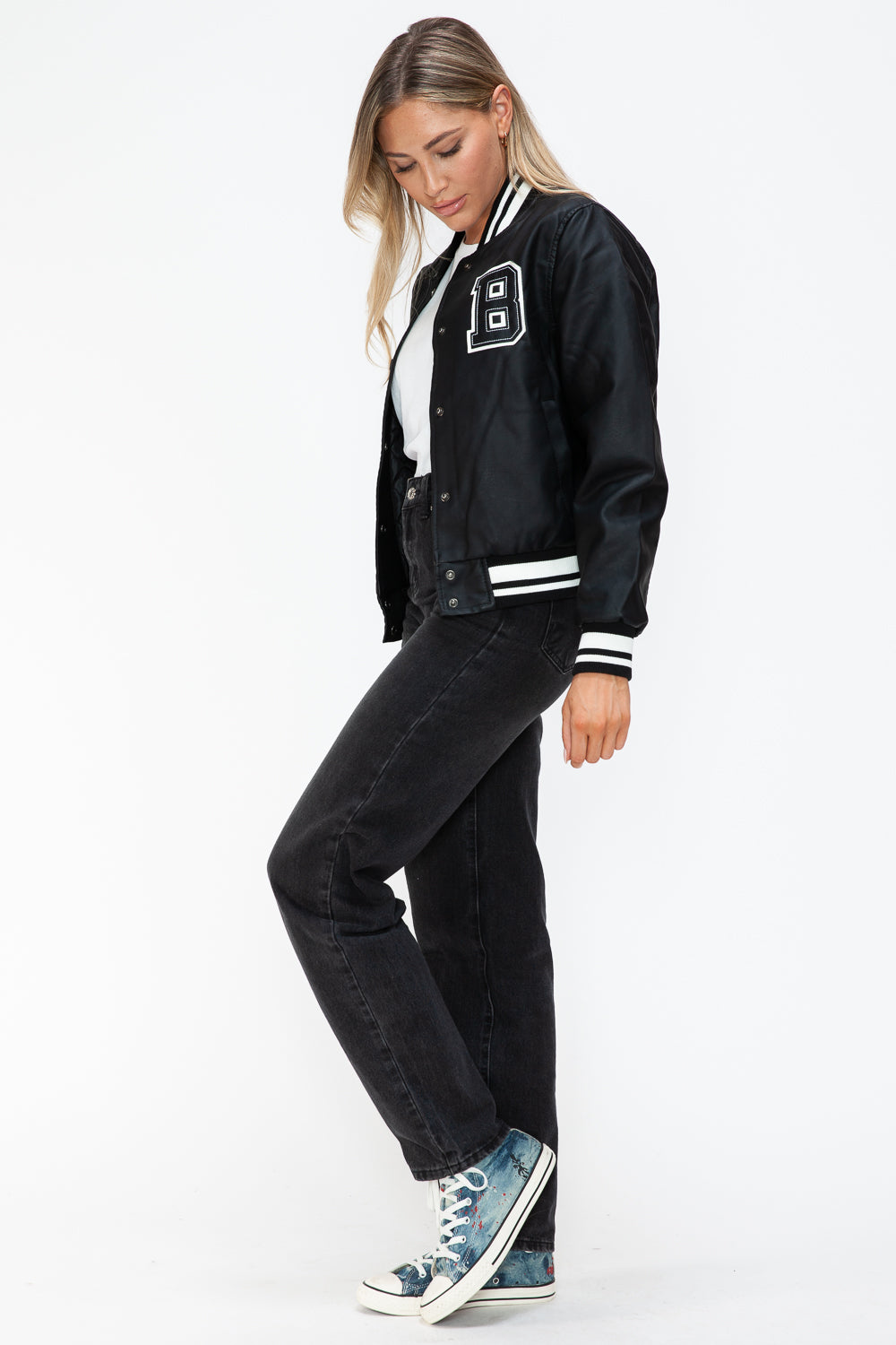 Love Me Now Bring The Love PU Leather Contrast Snap Down Bomber Jacket in Midnight/Black