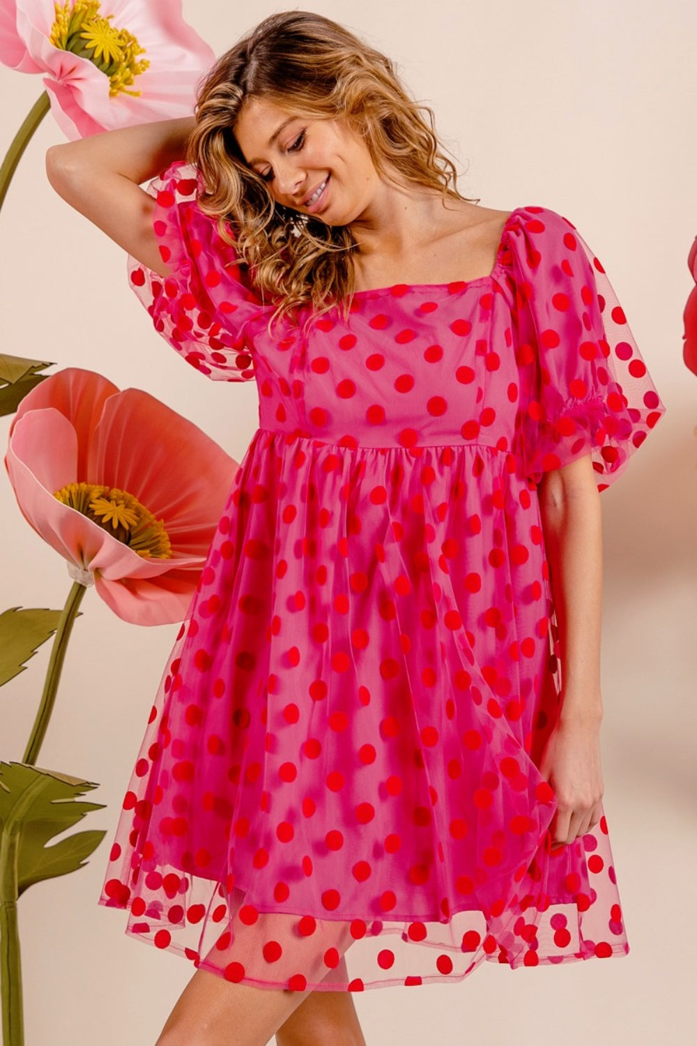 BiBi Who You Are Polka Dot Mesh Puff Sleeve Dress