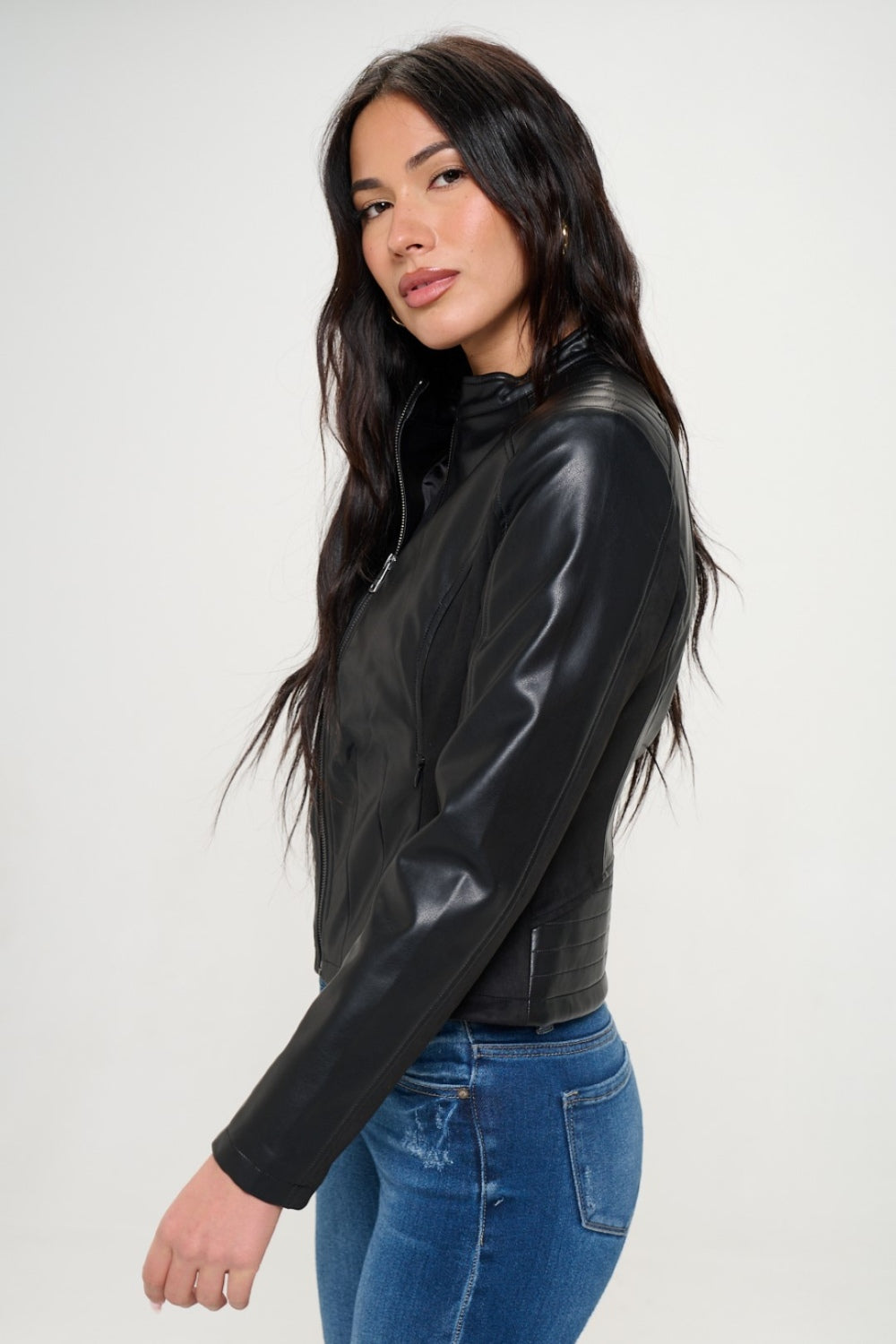 Coalition LA Look Again Zip Up Vegan Leather Moto Jacket in Black