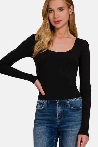 Zenana Center Street Scoop Neck Long Sleeve T-Shirt in Black