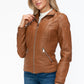 YMI Fuzzy Feels Faux Layered Double-Zipper Jacket with Fuzzy Hood in Camel