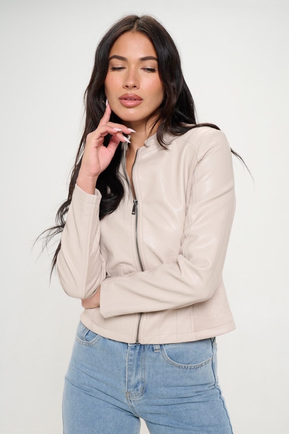 Coalition LA Look Again Zip Up Vegan Leather Moto Jacket in Cream