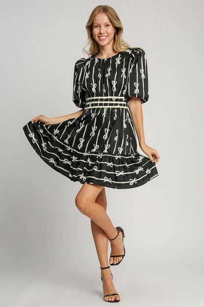 Umgee When Life Gives You Ribbons Print Frill Contrast Velvet Trim Half Sleeve Dress in Black