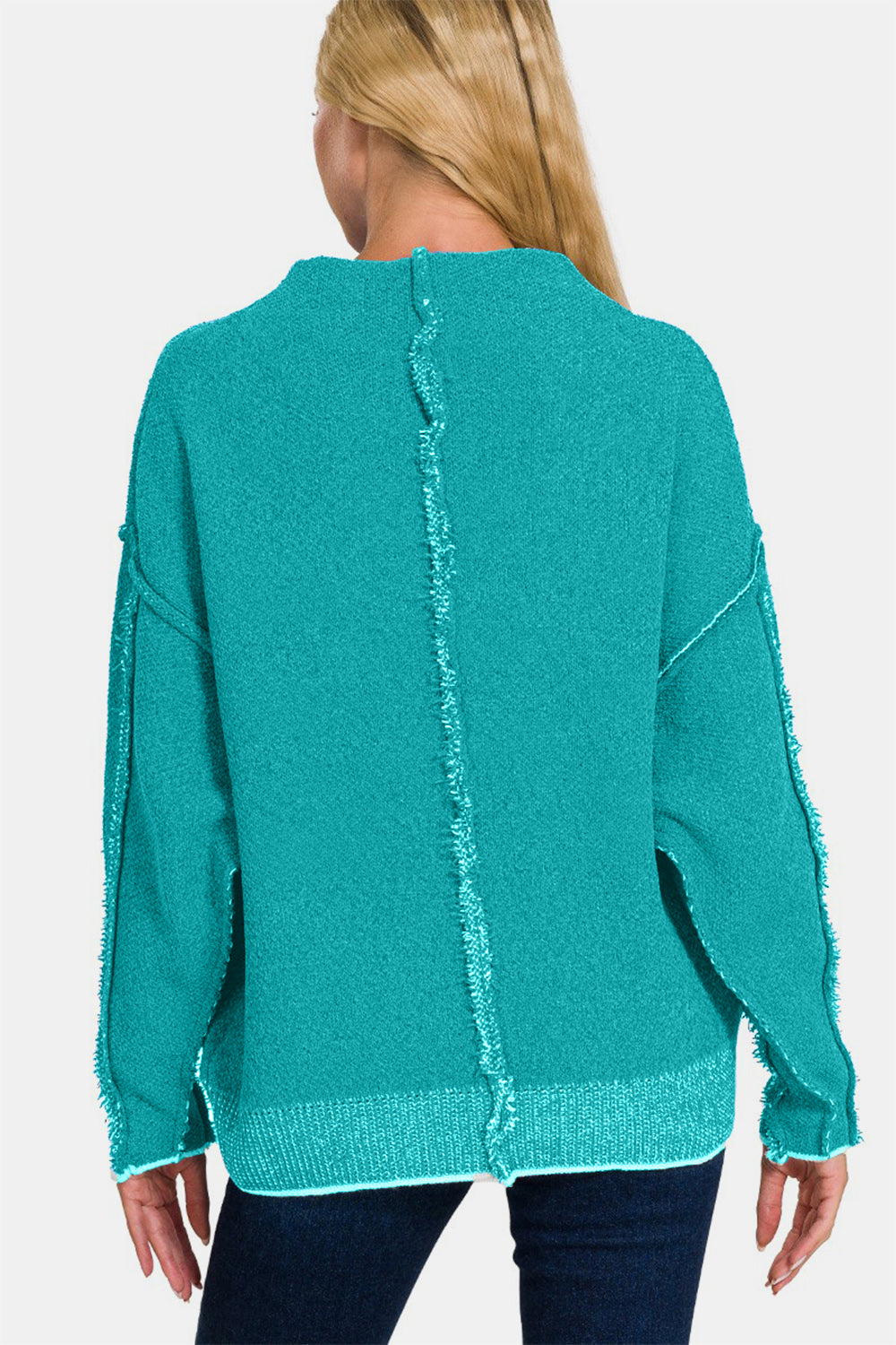 Zenana Everyday Cozy Exposed Seam Mock Neck Long Sleeve Sweater in Light Teal