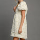 Umgee Love You Forever Heart Jacquard Square Neck Puff Sleeve Mini Dress in Cream