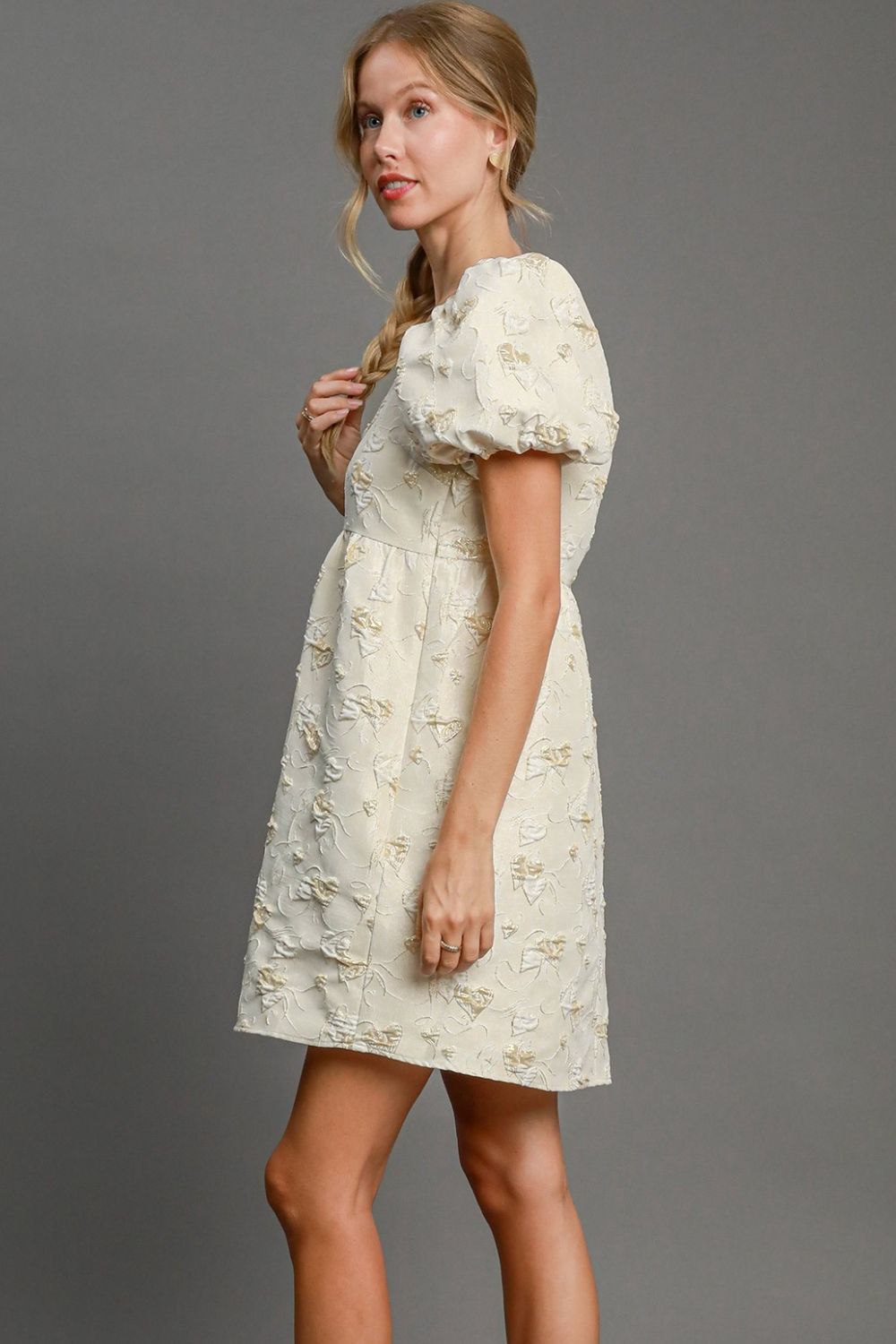 Umgee Love You Forever Heart Jacquard Square Neck Puff Sleeve Mini Dress in Cream