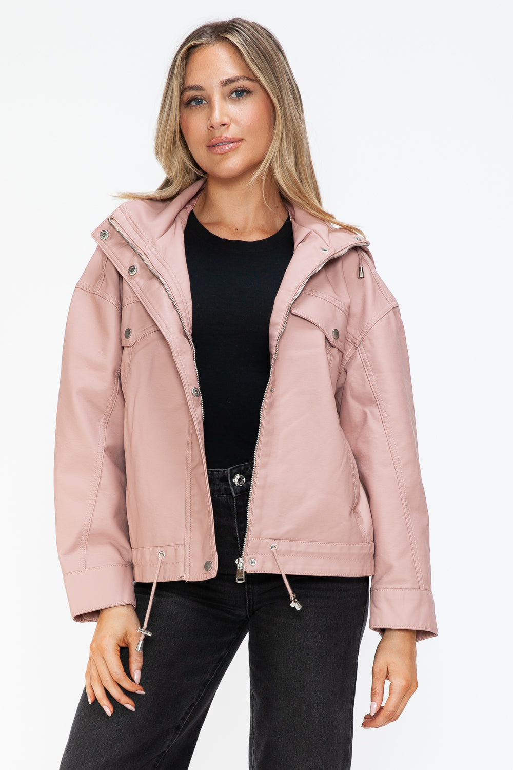 How Dare U My Favorite Layer Drawstring Hem PU Leather Zip Up Jacket in Mauve
