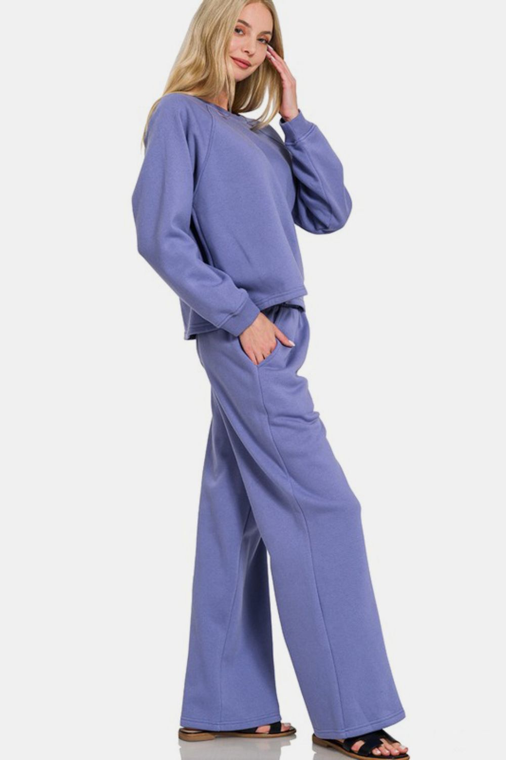 Zenana Cozy Corners Raglan Sleeve Top and Elastic Waist Pants Set in Dusty Blue