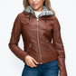 YMI Fuzzy Feels Faux Layered Double-Zipper Jacket with Fuzzy Hood in Brandy