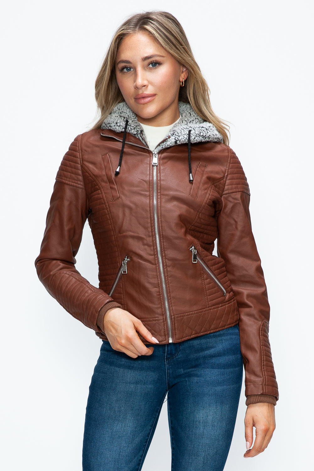 YMI Fuzzy Feels Faux Layered Double-Zipper Jacket with Fuzzy Hood in Brandy