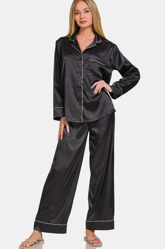 Zenana Wrapped In Satin Long Sleeve Shirt and Pants Pajama Set in Black