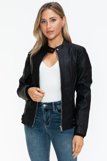 Snobbish A Wild Ride Faux Leather Biker Jacket with Side Zip Pockets in Black