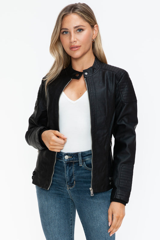 Snobbish A Wild Ride Faux Leather Biker Jacket with Side Zip Pockets in Black