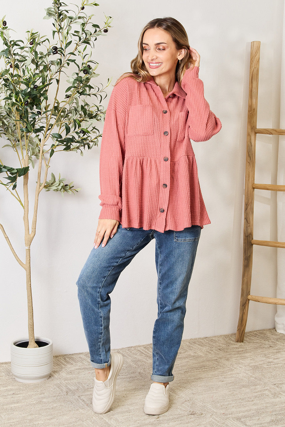 Heimish My Favorite Fall Day Waffle-Knit Button Down Blouse