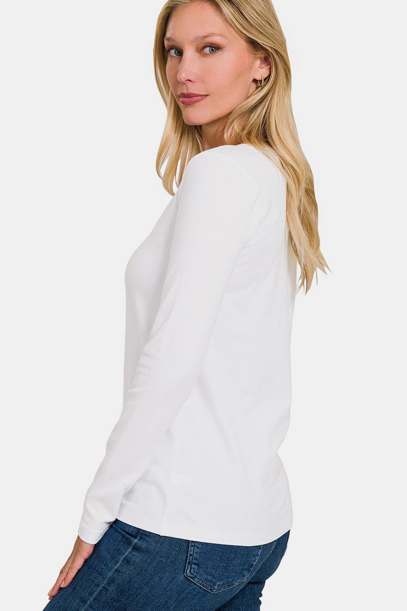 Zenana Make Your Mark V-Neck Long Sleeve T-Shirt in White