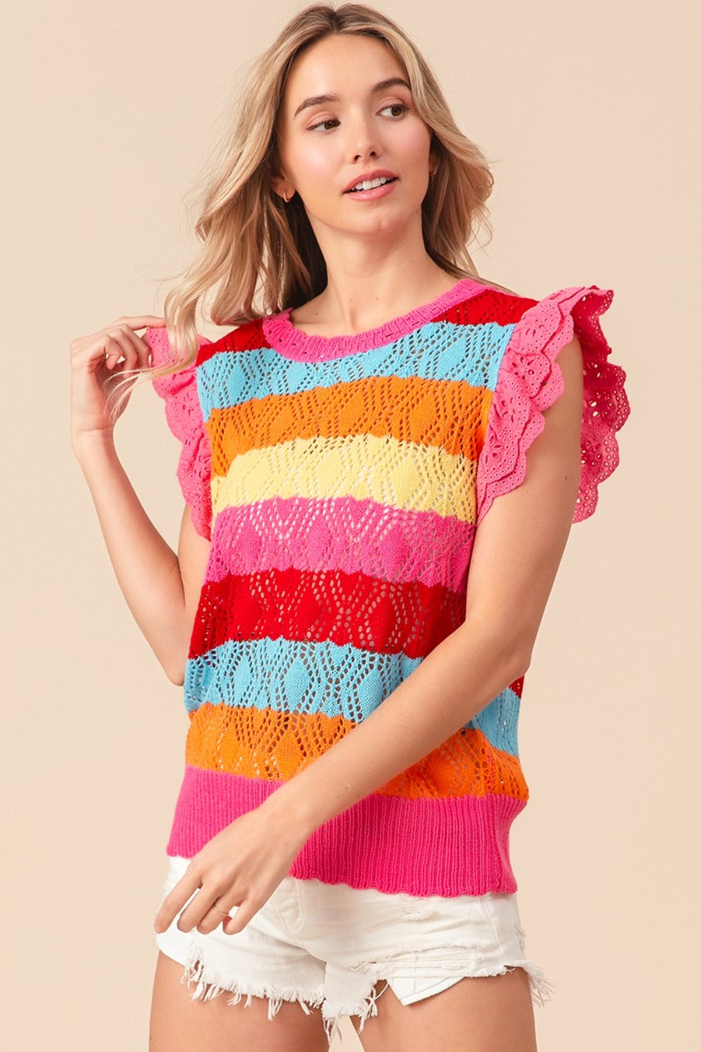 BiBi Chasing Rainbows Pointelle Striped Ruffled Knit Top