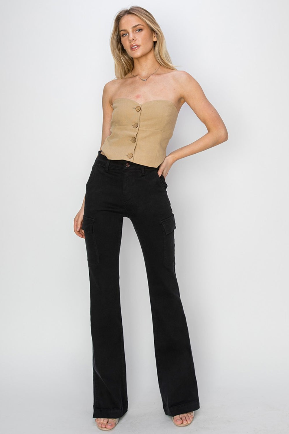 RISEN Wilhemina High Rise Side Slit Cargo Bootcut Jeans