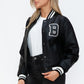 Love Me Now Bring The Love PU Leather Contrast Snap Down Bomber Jacket in Midnight/Black