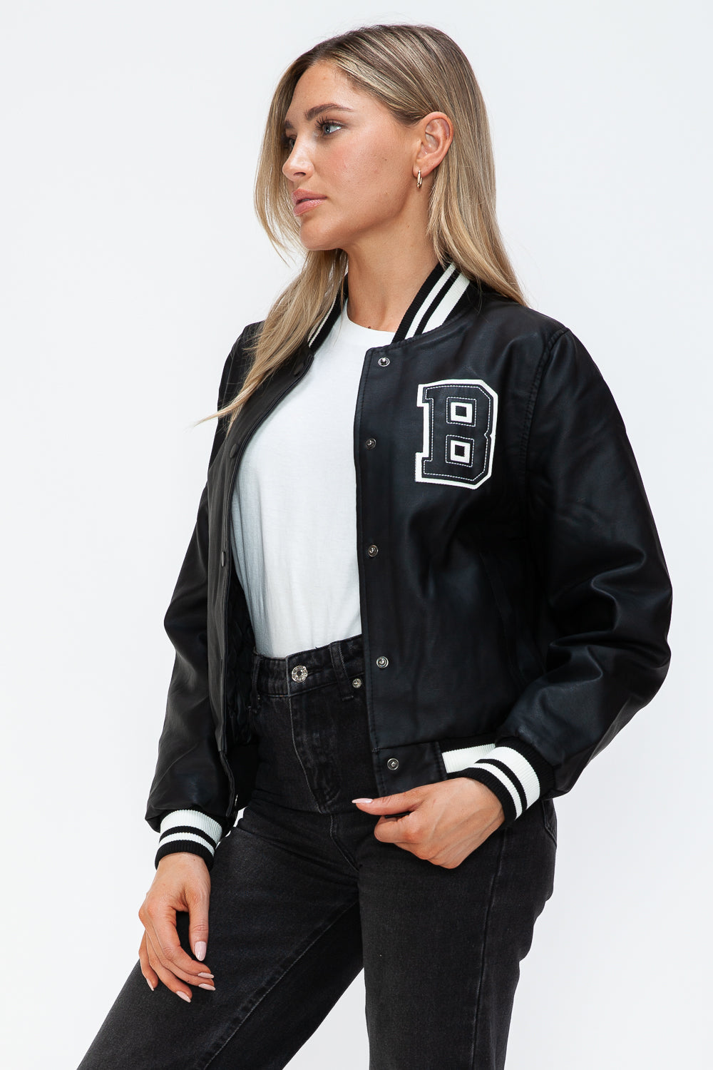 Love Me Now Bring The Love PU Leather Contrast Snap Down Bomber Jacket in Midnight/Black