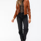 Snobbish Embrace The Day Faux Leather Zip Up Drawstring Hooded Jacket in Camel