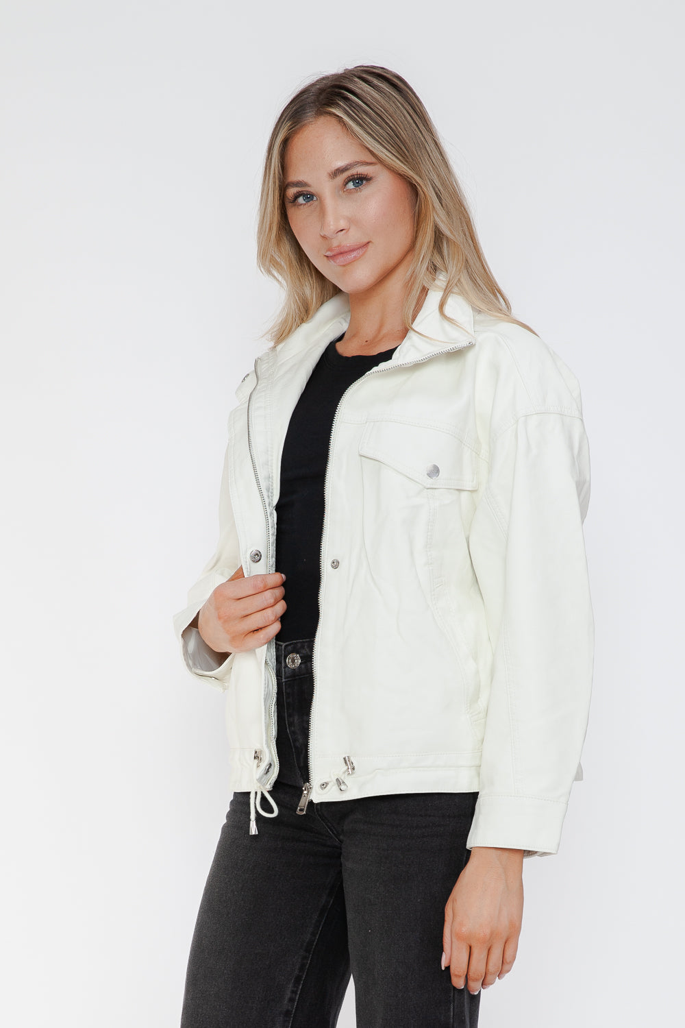 How Dare U My Favorite Layer Drawstring Hem PU Leather Zip Up Jacket in White