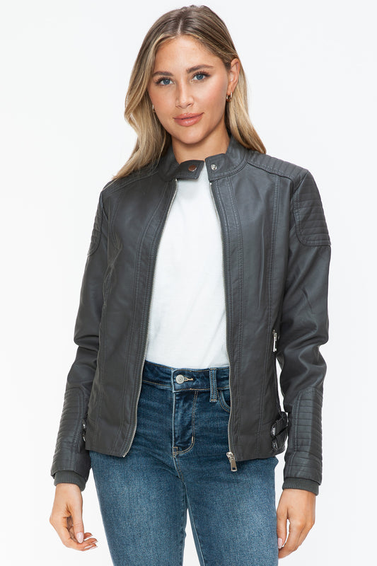 Snobbish A Wild Ride Faux Leather Biker Jacket with Side Zip Pockets in Charcoal