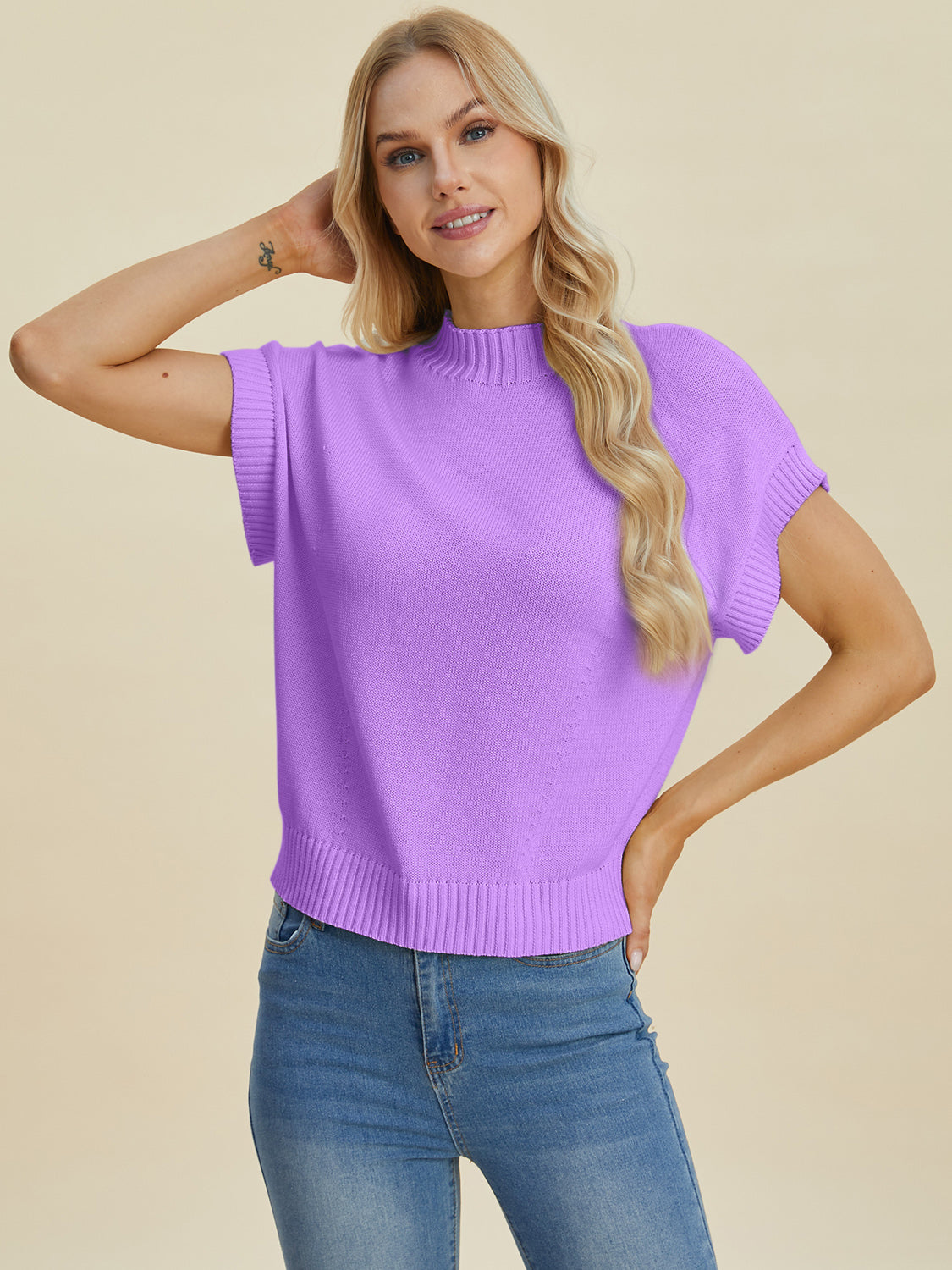 Double Take Lovely Day Mock Neck Short Sleeve Sweater