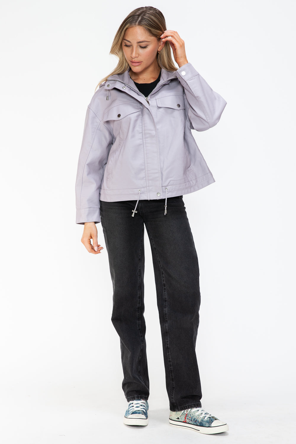 How Dare U My Favorite Layer Drawstring Hem PU Leather Zip Up Jacket in Lilac