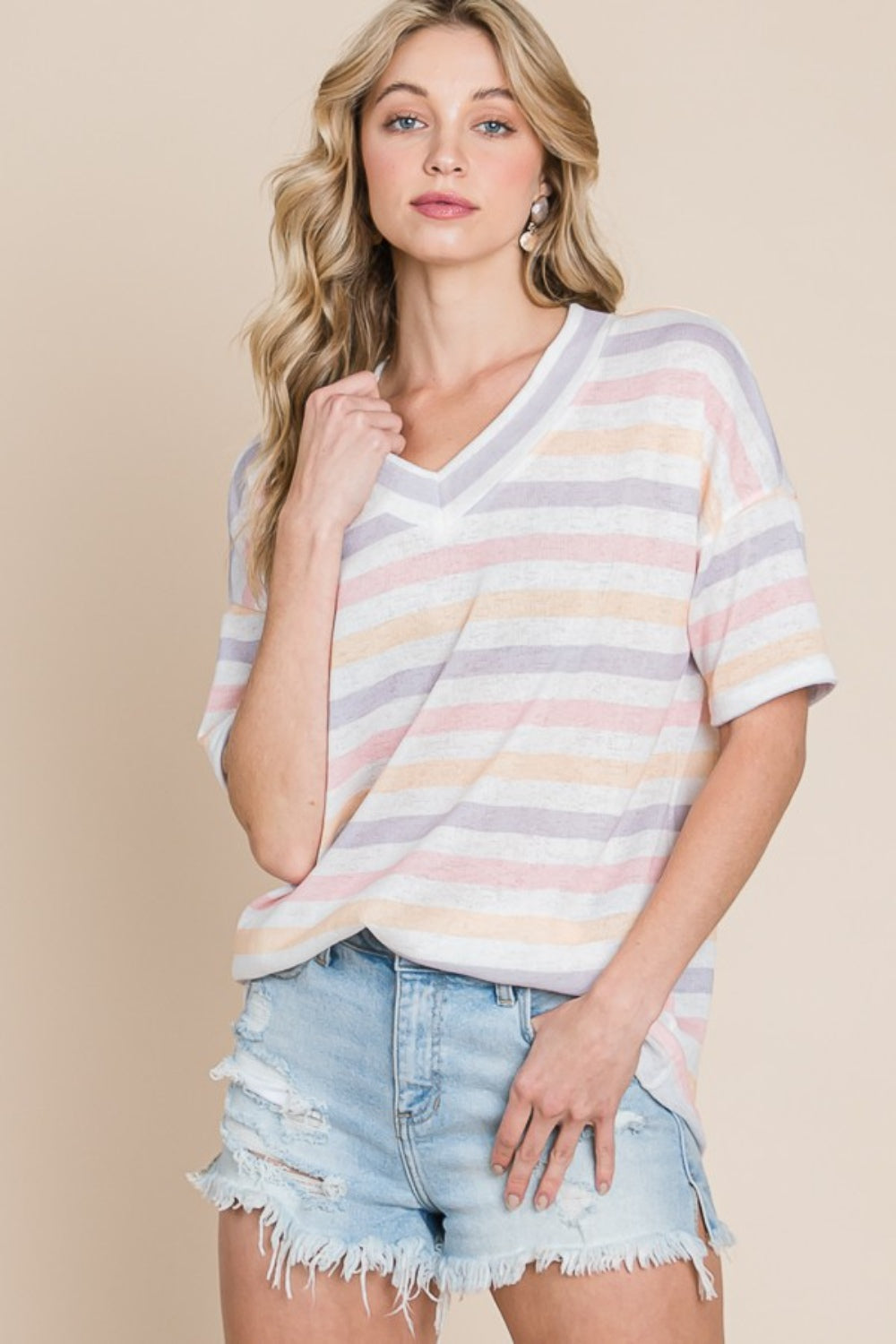 BOMBOM A Bright Start Striped V-Neck Short Sleeve T-Shirt