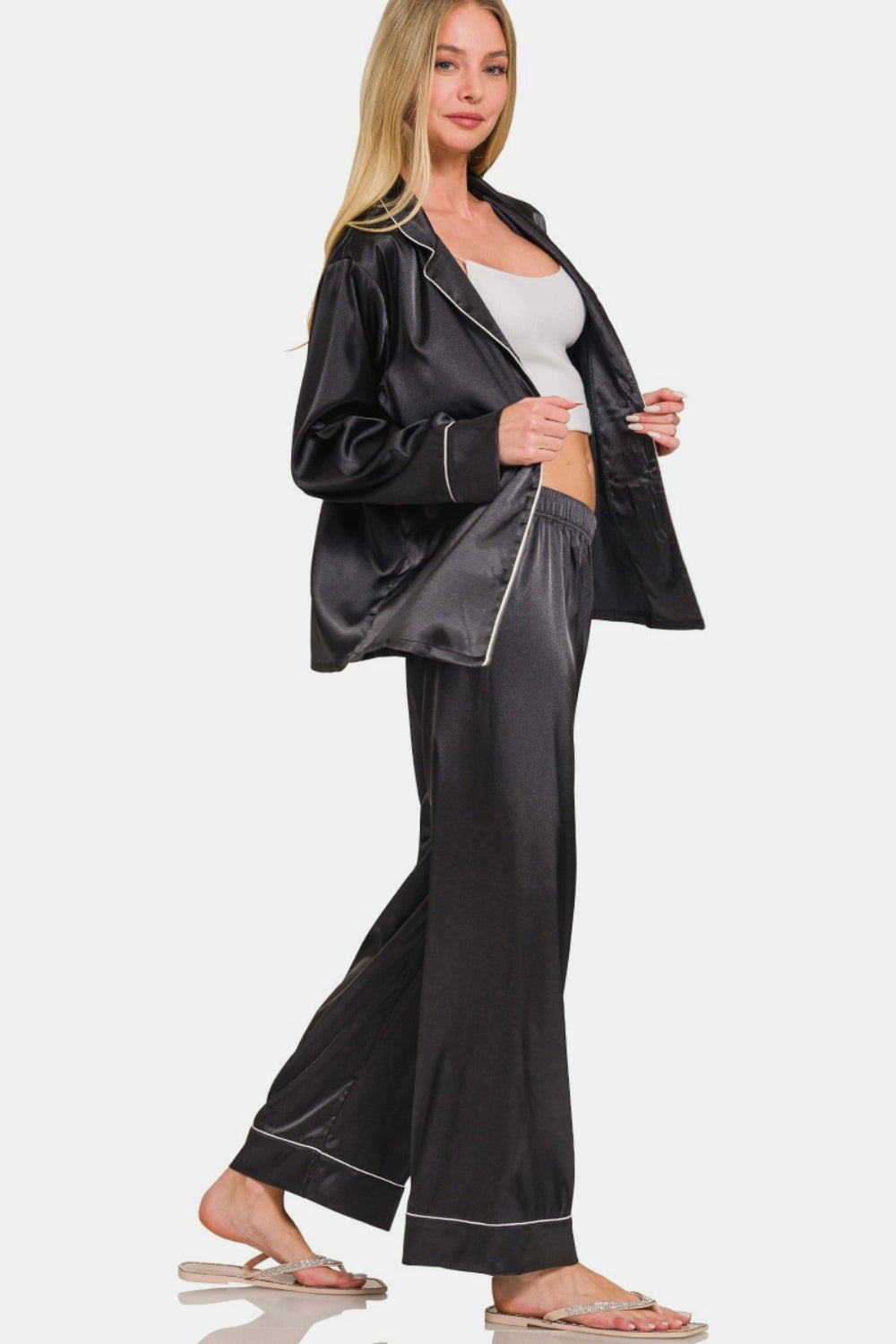 Zenana Wrapped In Satin Long Sleeve Shirt and Pants Pajama Set in Black