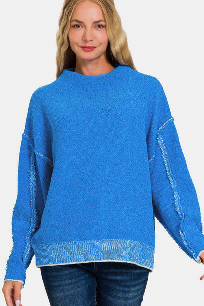 Zenana Everyday Cozy Exposed Seam Mock Neck Long Sleeve Sweater in Ocean Blue