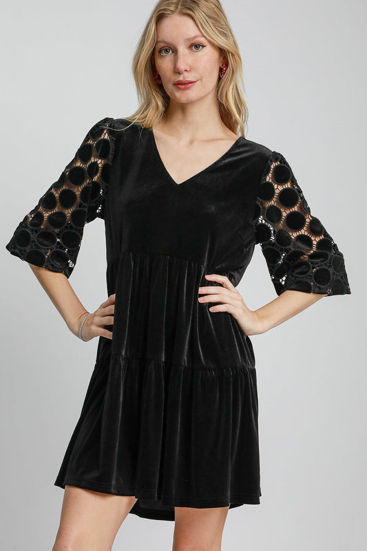 Umgee A Perfect Match Dotted Lace Sleeve Tiered Velvet Mini Dress in Black