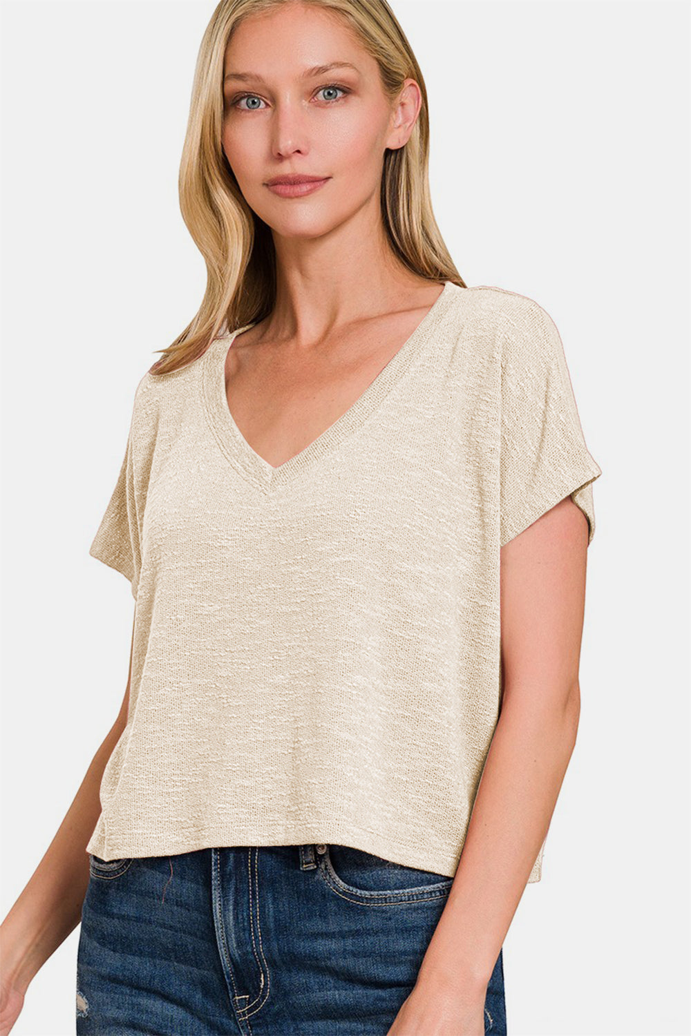 Zenana Back To Simple V-Neck Short Sleeve Crop T-Shirt in Sand Beige