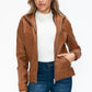 YMI Fuzzy Feels Faux Layered Double-Zipper Jacket with Fuzzy Hood in Camel