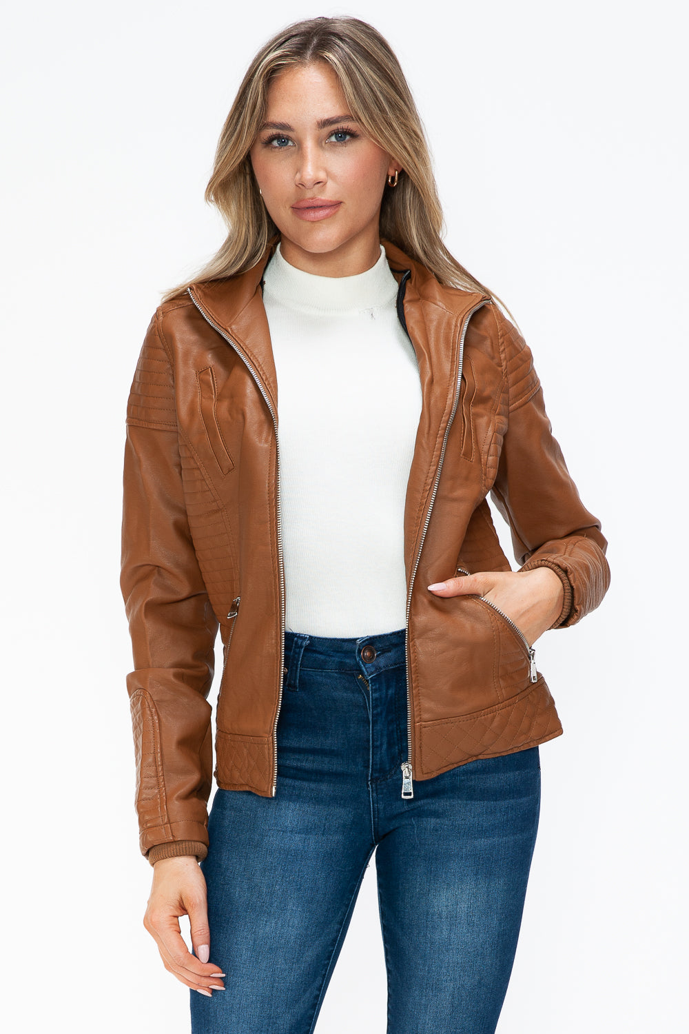 YMI Fuzzy Feels Faux Layered Double-Zipper Jacket with Fuzzy Hood in Camel