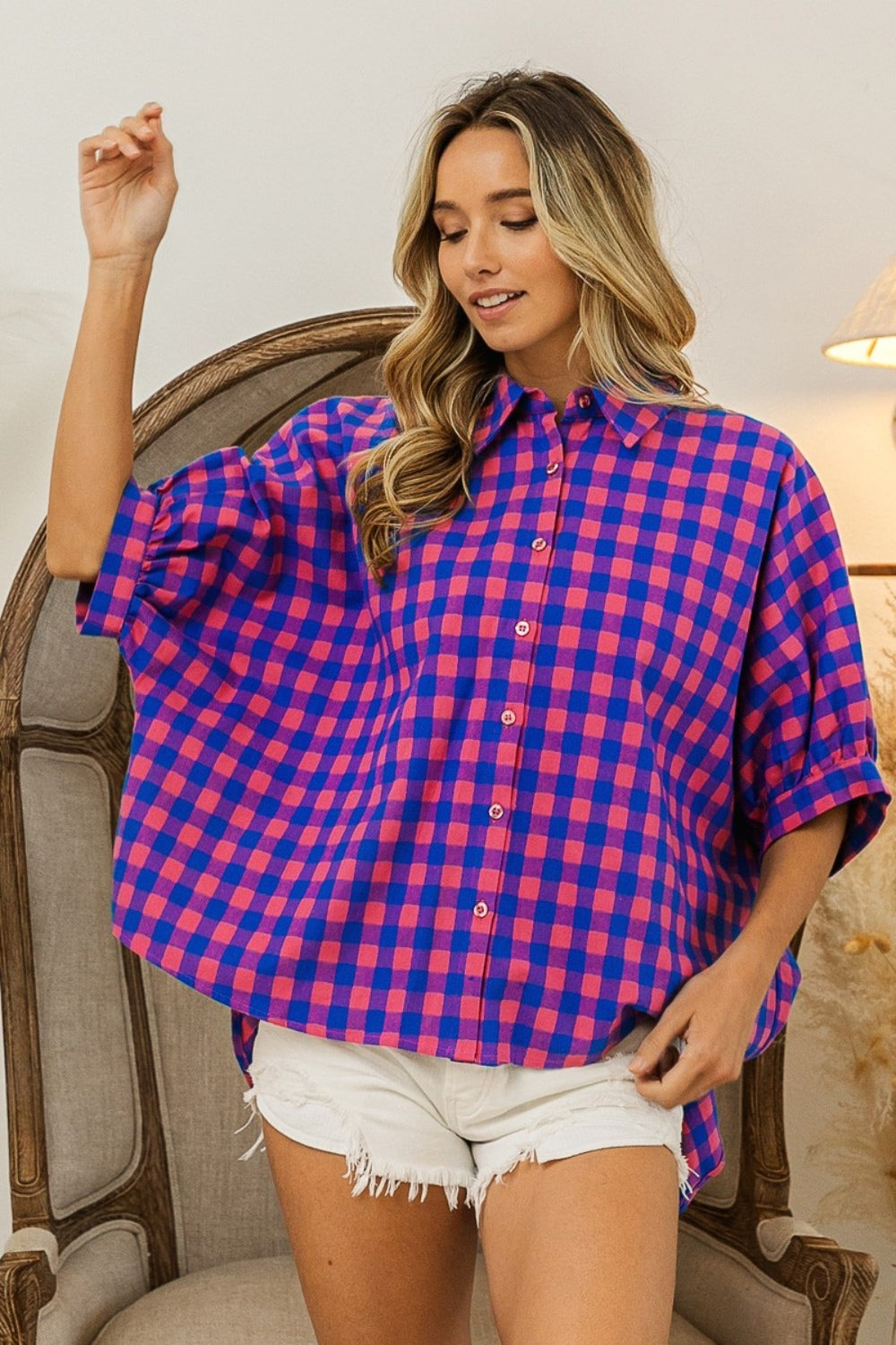 BiBi In The Mood Plaid Button Up Dolman Sleeve Shirt