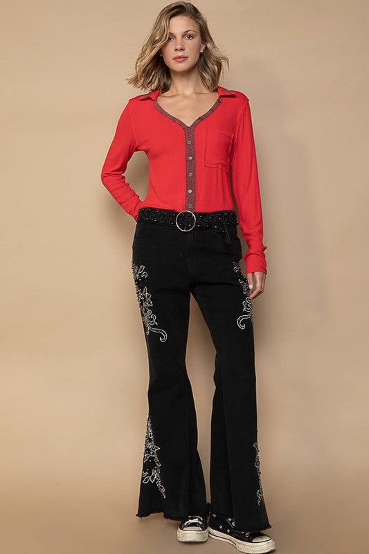 POL Flo Raw Hem Embroidered Flare Pants in Black